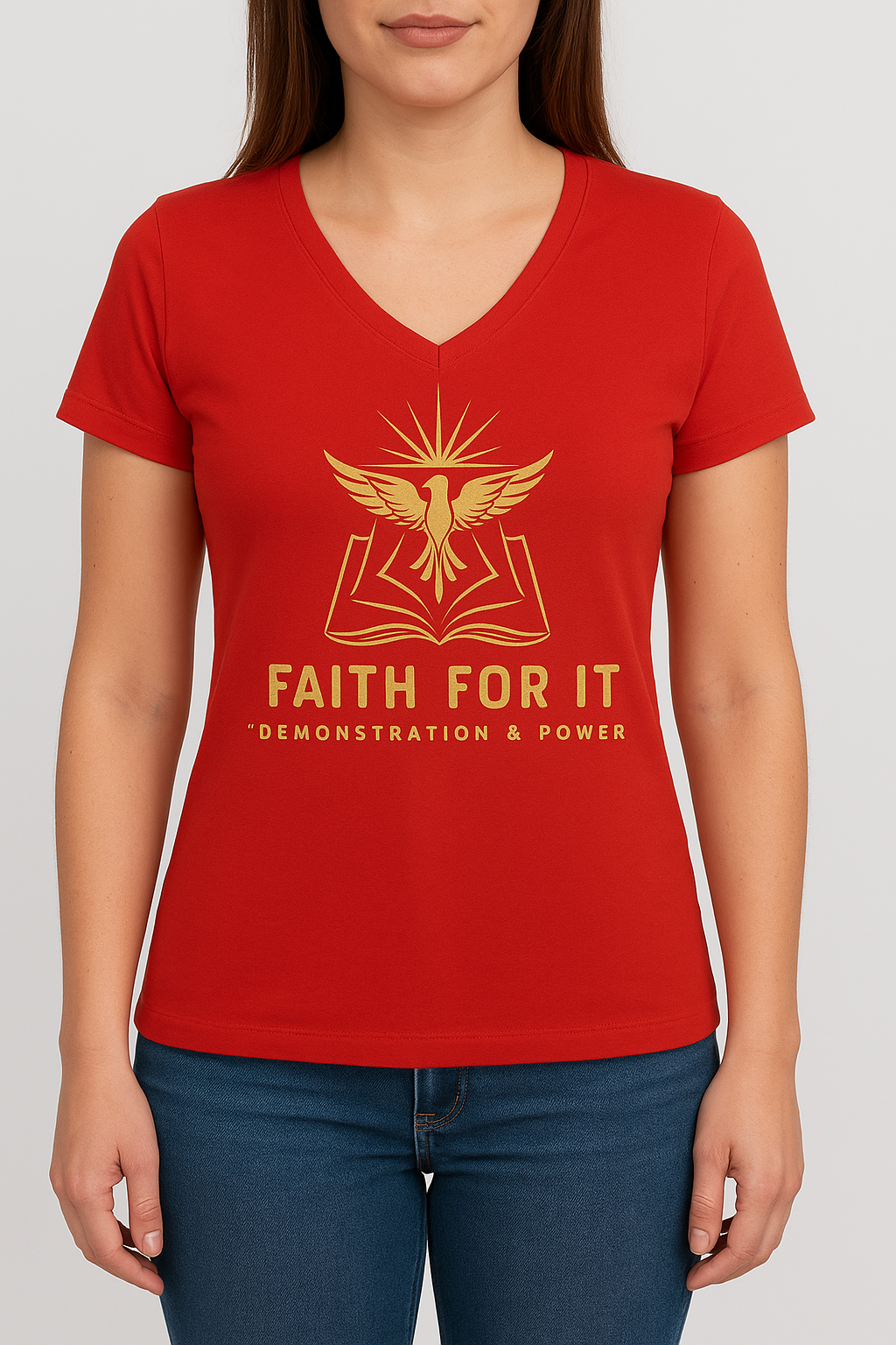 Red short sleeve V-neck T-shirts